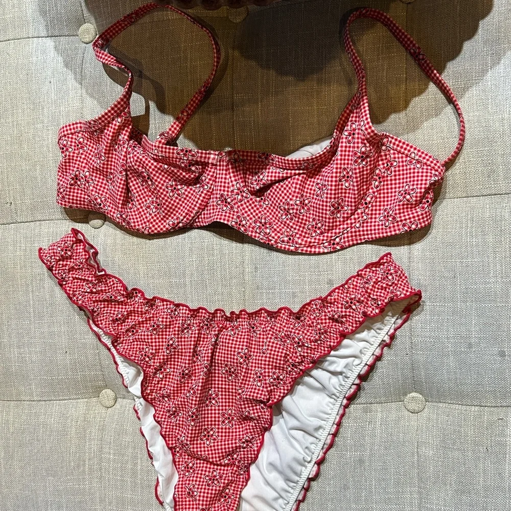 PINK By Frankies Bikinis Red Checkered Bikini Floral Bikini Top + Bottom Set